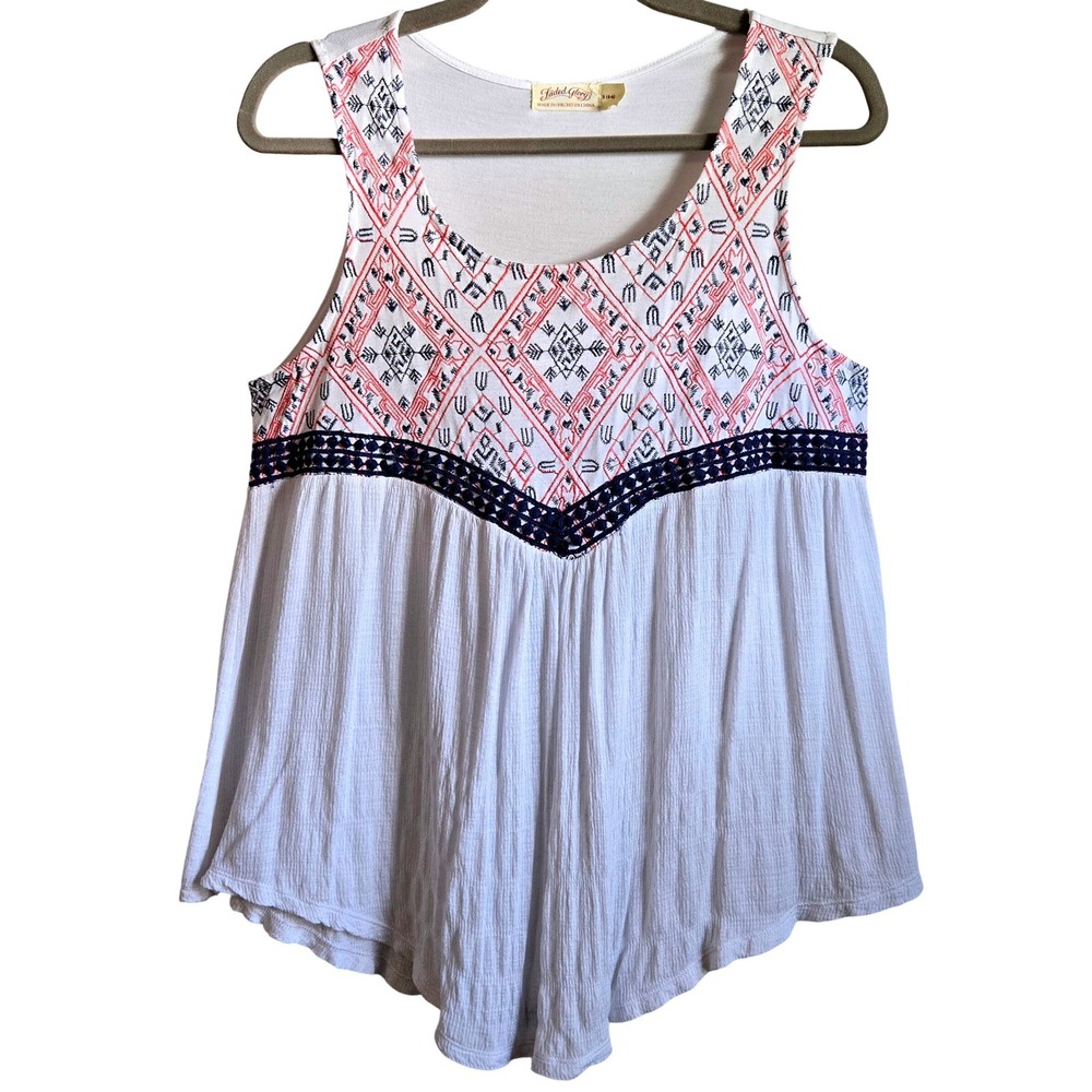Faded Glory Boho Chic Embroidered Red White‎ Blue Tank Top  Gauze Small 4-6